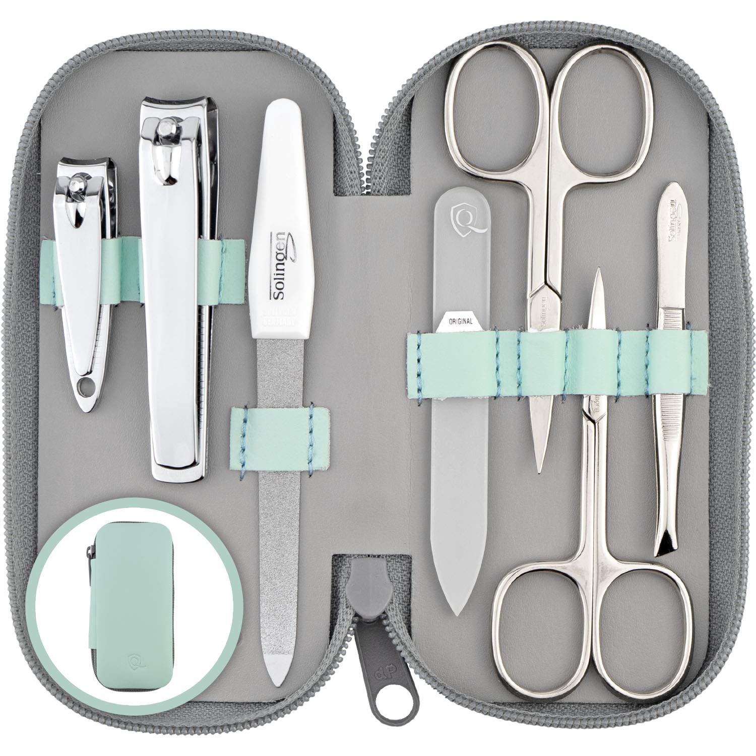 Solingen Manicure Set for Women & Men - 7-Piece Nail Kit Made in Germany with Patented Glass Nailfile - Handy and Soft Real Leather Case, Mint