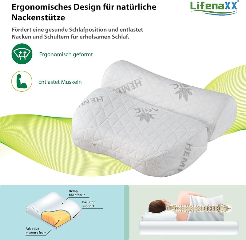 Hanf Nackenstützkissen LX-053 – Ergonomisches Memory-Schaum-Kissen mit abnehmbarem, waschbarem Bezug – Bequeme Nackenunterstützung, atmungsaktiv, hautfreundlich und komfortabel
