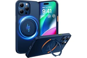 TORRAS 360°Rotatable Magnetic Ring Designed for iPhone 15 Pro Max Case, Compatible with MagSafe with Stand & Ring Holder, Military Grade Shockproof Translucent Back Phone Case Ostand R, Blue Titanium