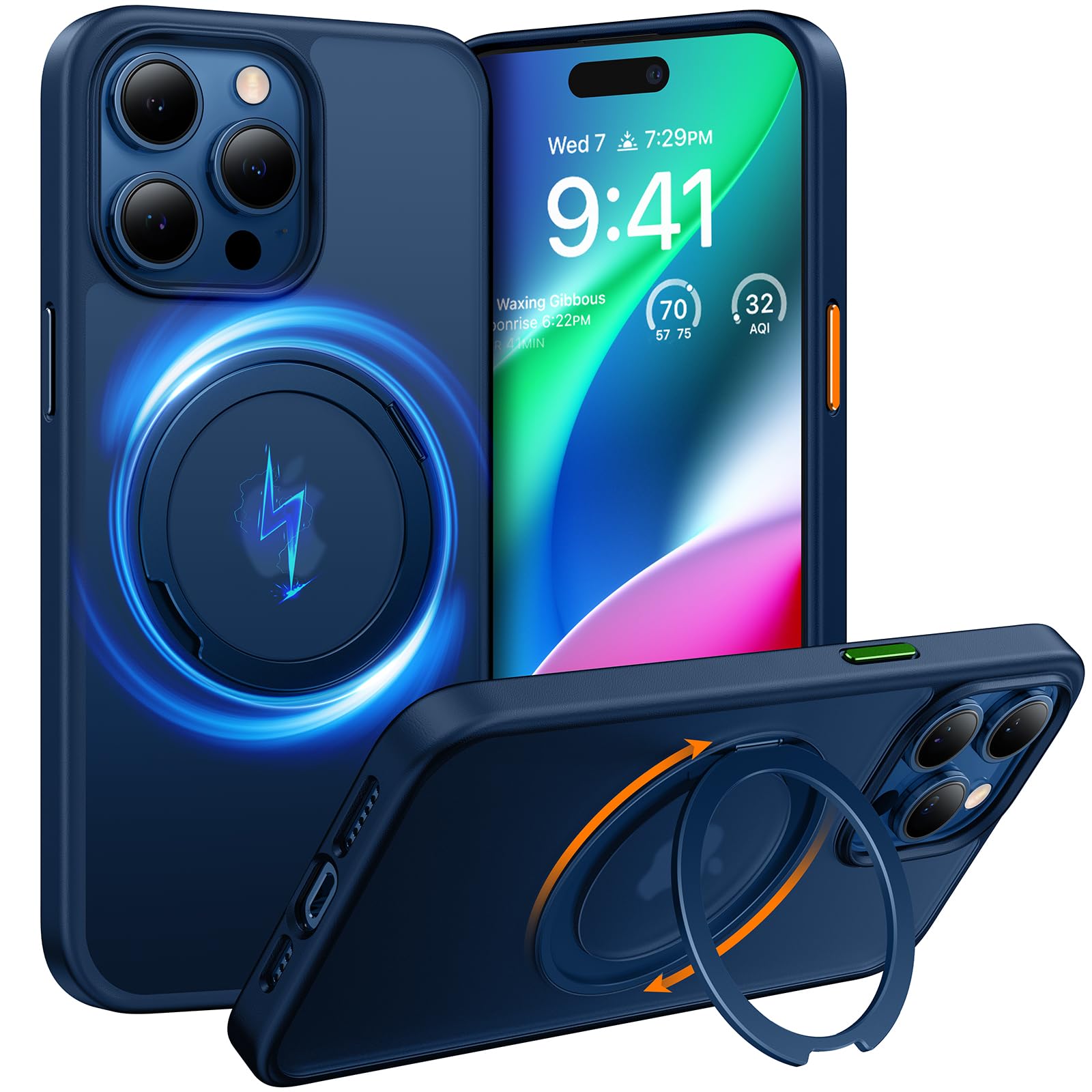 Photo 1 of TORRAS Upgrade 360°Rotatable Ring for iPhone 15 Pro Case, Fit for MagSafe 15 Pro Case with Stand Translucent Slim Protective Ring Holder Mil-Grade Shockproof Cover for 15 Pro 2024, Navy Blue