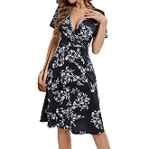Women's Summer Wrap V Neck Casual Dresses Short Sleeve Floral A-Line Midi Sundress