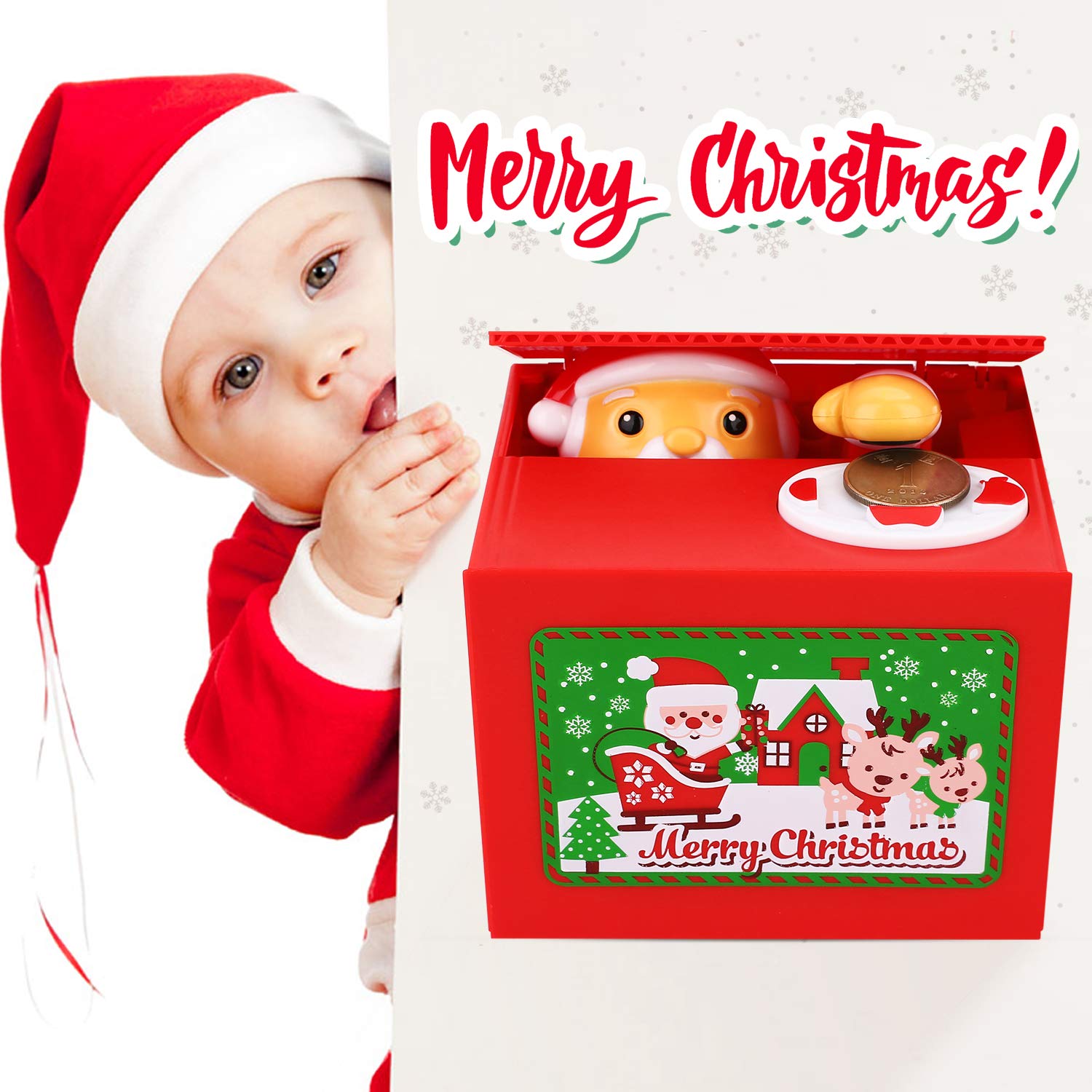 Peradix Stealing Coin Santa Claus Box Piggy Bank English Speaking Christmas Song for All Kids