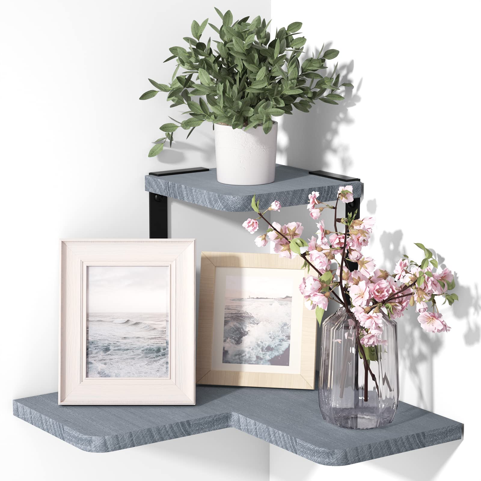 SRIWATANA Corner Shelves, 2 Tier Floating Shelves Wall Mounted, Rustic Wood Wall Shelves for Bedroom, Living Room, Bathroom, Kitchen, Office, Grey
