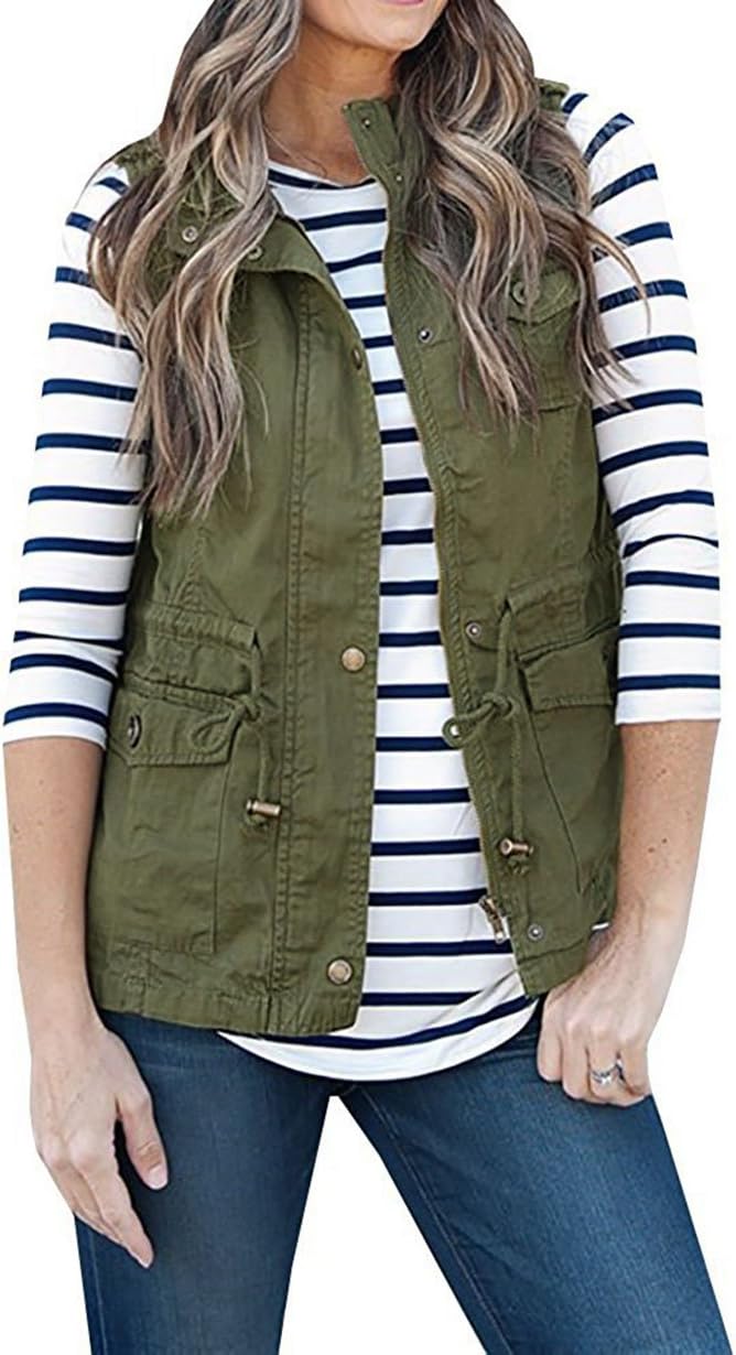 Women's Sleeveless Lightweight Pure Color Vest Jacket with Zipper & Button & Drawstring & Pockets (M, Army Green)