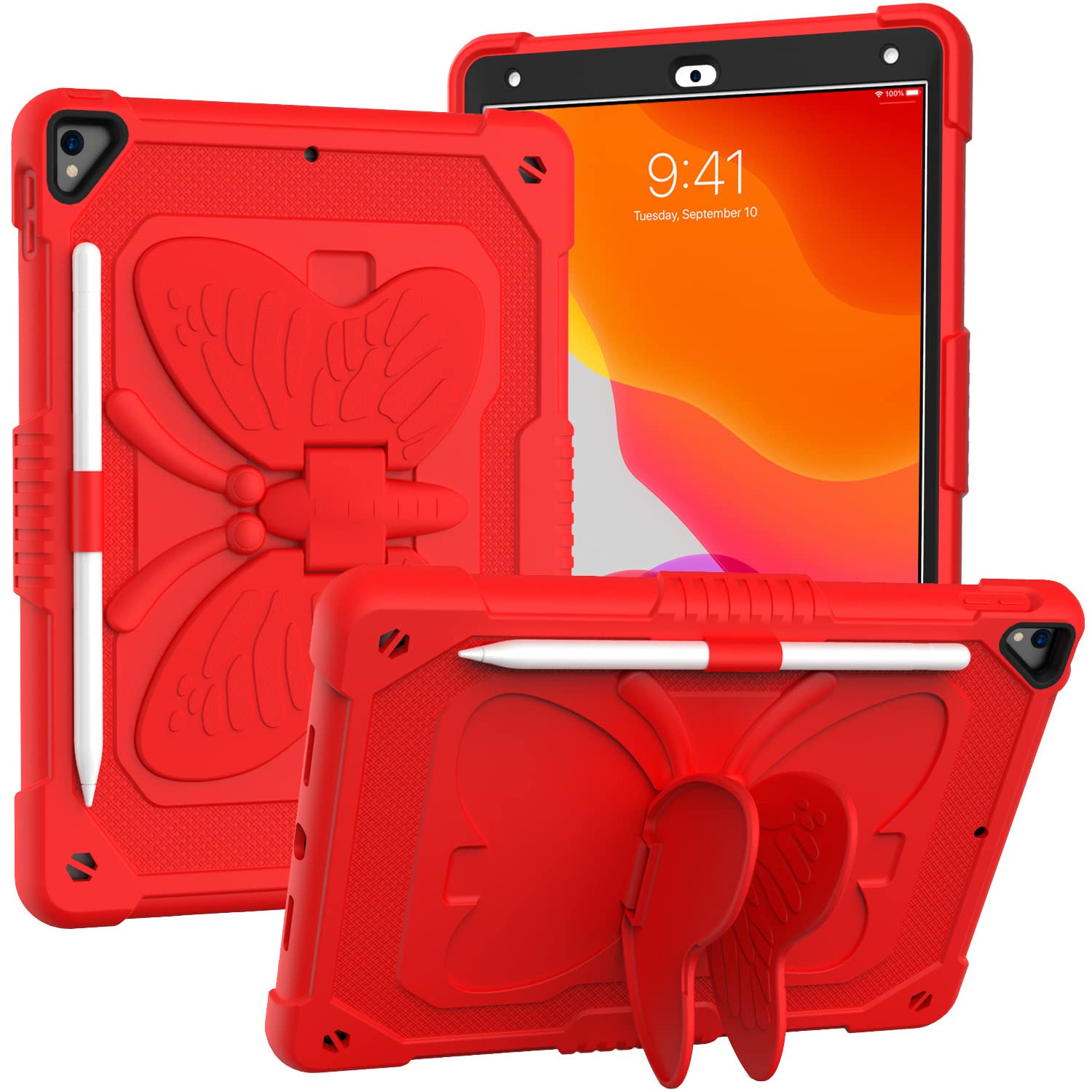 iPad 10.2 Inch 2021/2020/2019 Case with Shoulder Strap, Heavy Duty Shockproof Protective Case with Butterfly Mount for 9th/8th/7th Gen (Red)