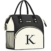 Personalized Lunch Bag for Women, Preppy Reusable Insulated Initials Lunch Box Gift for Friend Large Wide-Open Water Resistant Adult Cooler Tote Bag for Work, Travel, Picnic - Black K