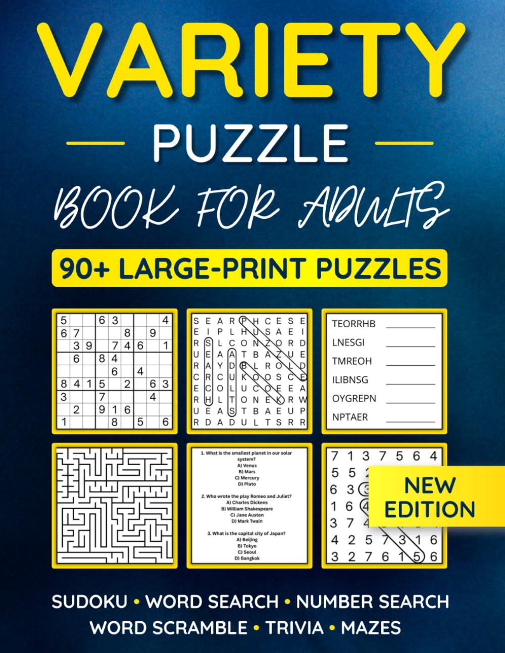 Photo 1 of Variety Puzzle Book For Adults: 90+ Large-Print Puzzles Word Search, Sudoku, Word Scramble, Number Search, Trivia, Mazes