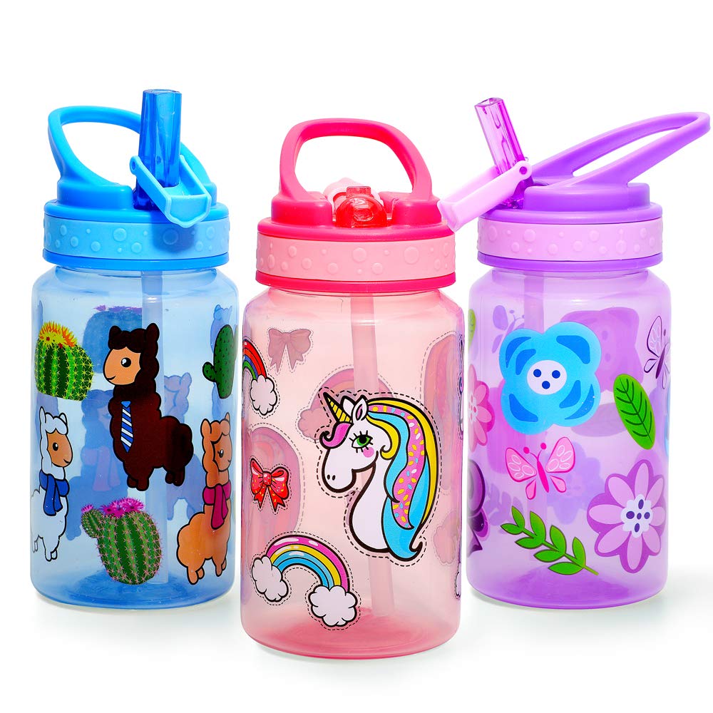 Home Tune Kids Water Drinking Bottle (440ml) - BPA Free, Wide Mouth, Flip Straw Sip Lid, Easy Open, Lightweight, Leak-Proof, Cute Design For Girls & Boys - 3 Pack Flower & Unicorn & Llama