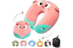 QIANLIYER Kids Travel Pillow - 2-in-1 Deformable Kids Neck Pillow with Adorable Animal Design- Pink Pig, Soft U-Shaped Pillow for Traveling, Airplanes, Cars, Comfy Sleep and Play, Relaxing
