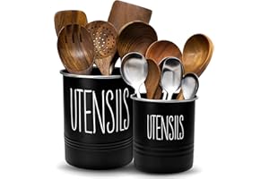 CHEODIN 2 Pack Kitchen Utensil Holders, 6.7"+ 4.7" Utensil Hodler for Countertop, Cooking Utensil Crock with Cork Bottom, Modern Farmhous Kitchen Decor, Black
