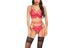 Avidlove Sexy Lingerie for Women Garter Lingerie Set Eyelash Lace Bra and Panty Boudoir Outfits