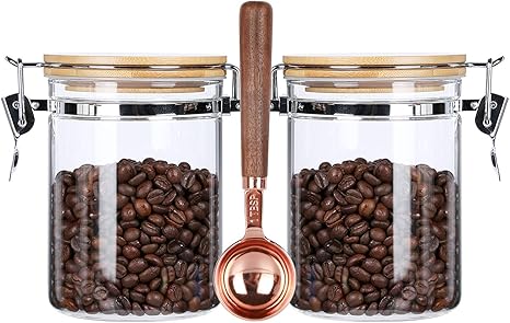Amazon Kkc ガラス密閉保存瓶 コーヒー豆保存容器 珈琲豆保存容器 密閉容器 キャニスター コーヒー豆保存瓶 砂糖 紅茶収納 円筒形密封びん 800ml 2個 スプーン搭載 保存容器 キャニスター オンライン通販