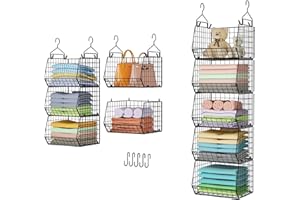 X-COSRACK 5 Tier Closet Hanging Organizer, Clothes Hanging Shelves with 4 Hanging Hooks 5 S Hooks, Wire Storage Basket Bins, for Clothing Sweaters Shoes Handbags Clutches Accessories Patent Design