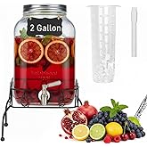 2 Gallon Glass Drink Dispenser with Stand, Ice Cylinder,Stainless Steel Leakproof Spigot and Lid,Glass Beverage Dispenser for Parties,Mason Jar Drink Dispenser for Juice,Sun Tea,Water,Lemonade & More