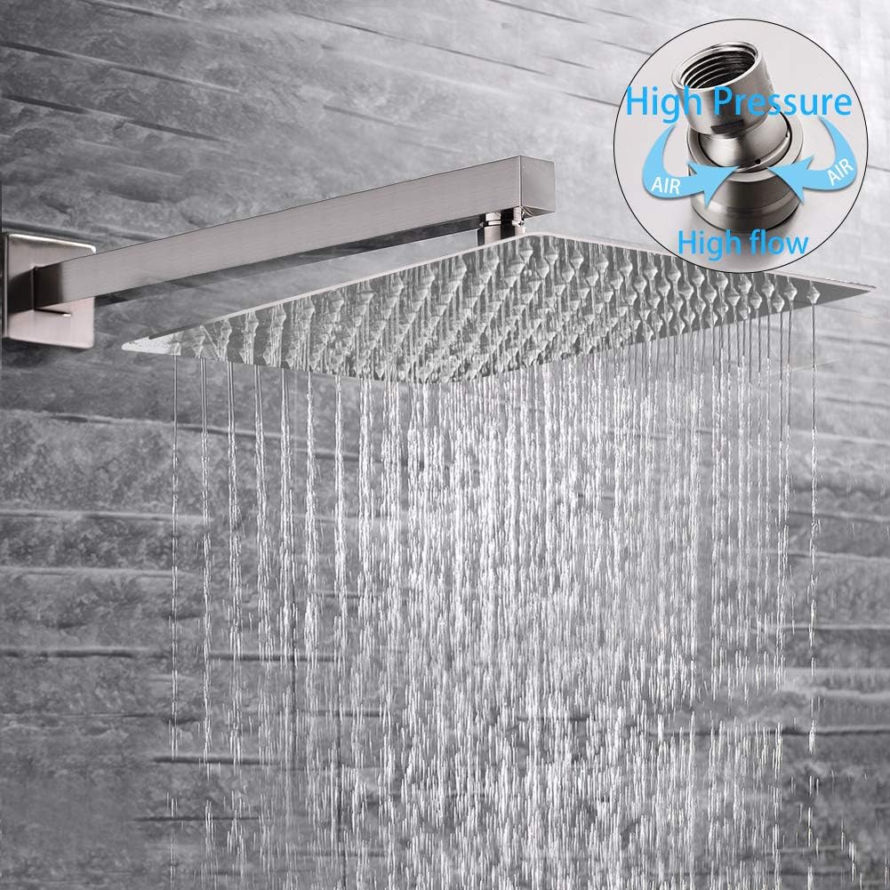 SR SUN RISE 12 Inches Bathroom Luxury Rain Mixer Shower Combo Set Wall Mounted Rainfall Shower Head System Brushed Nickel Finish Shower Faucet Rough-In Valve Body and Trim Included - - 