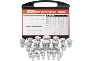 Venussar 56 Pcs BSPP Cap and Plug Kit, Hydraulic Cap and Plug Kit with Precision Threading, Galvanized Steel Hydraulic Fitting Adapter Kit, Dash Sizes 02/04/06/08/10/12/16