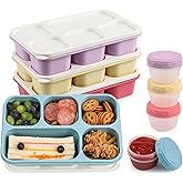 Caperci Large Bento Lunch Boxes for Adults & Kids - 5 Compartment Lunchable Snack Box Containers, Built-in 4 Leak-Proof Dipping Sauce Cups, Reusable Food Storage Containers, 4-Pack (Vintage Colors)
