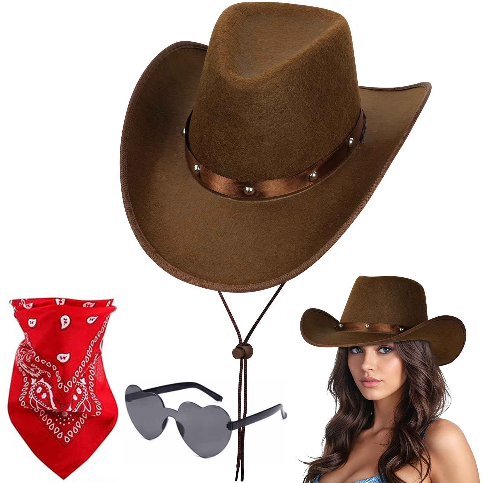 Aomig 3Pcs Cowboy Hat Fancy Dress Accessory, Cowboy Costume Set with Paisley Bandanna and Glasses, Western Cowboy Fancy Dress Costume for Birthday Halloween Bachelorette Bachelor Party Cosplay(Brown) — image 1