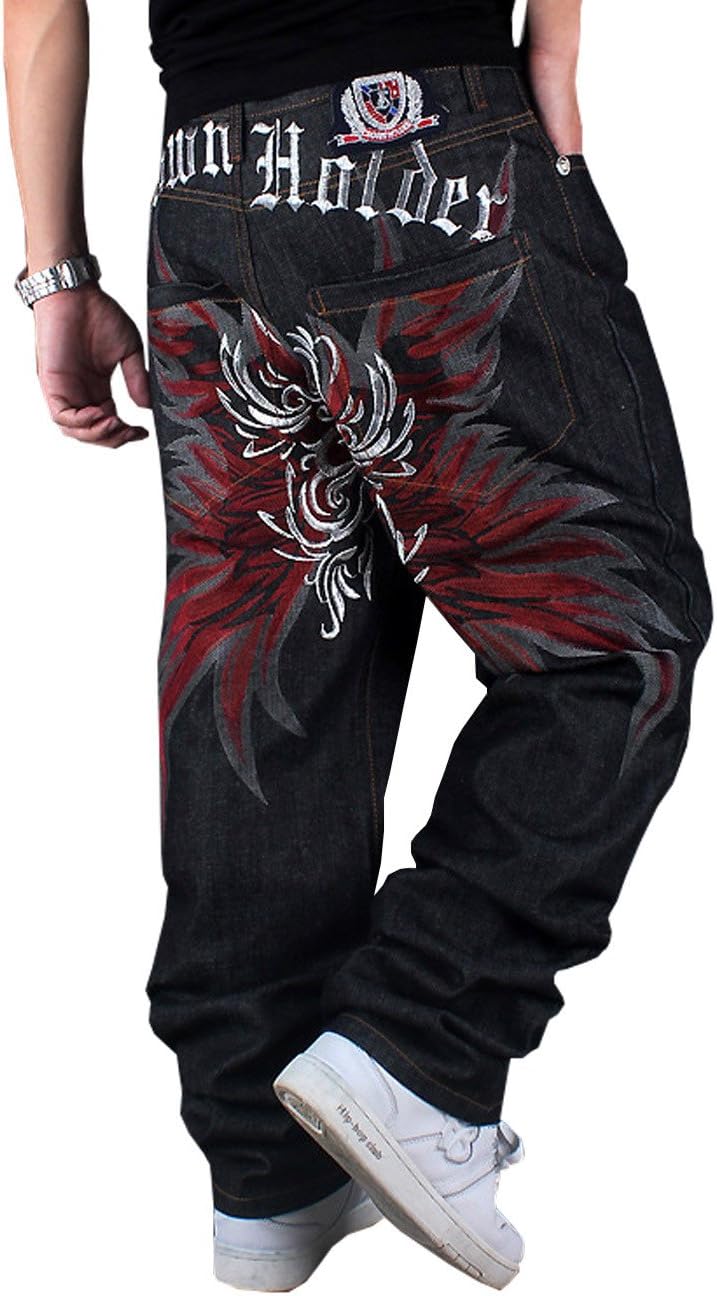 QBO Men's Hip-hop Embroidered Printed Baggy Denim Jeans Pants Trousers