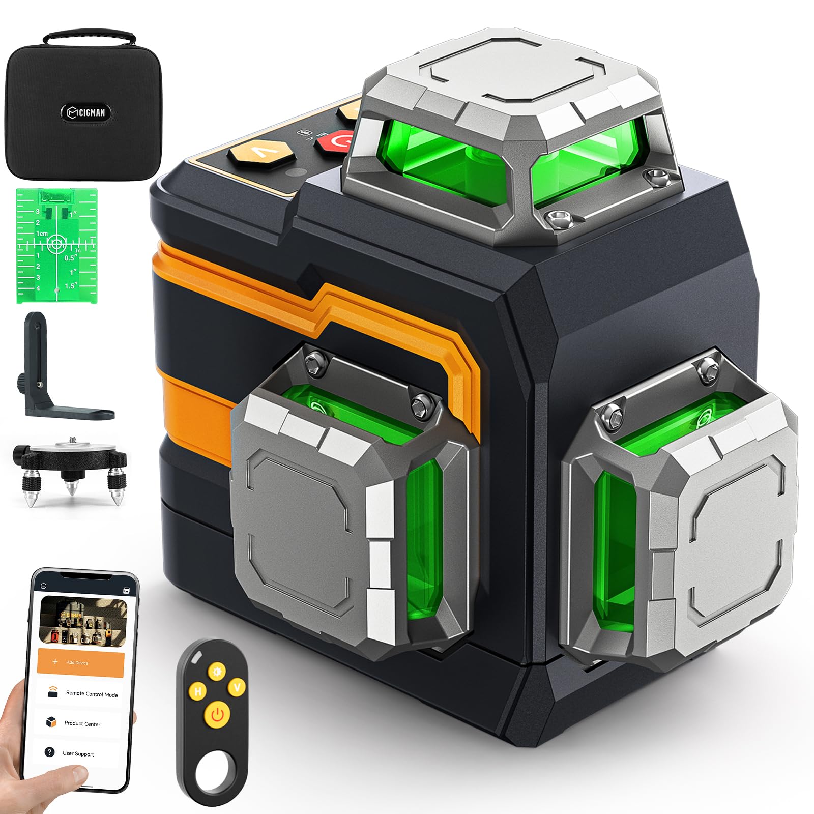 CIGMAN Bluetooth Wireless Green Laser Level, Remote Control by APP, Self Leveling Laser Level with 3x360°, Cross Line Laser Level Tool Horizontal/Vertical Line, with Rotary Stand, Carry Bag