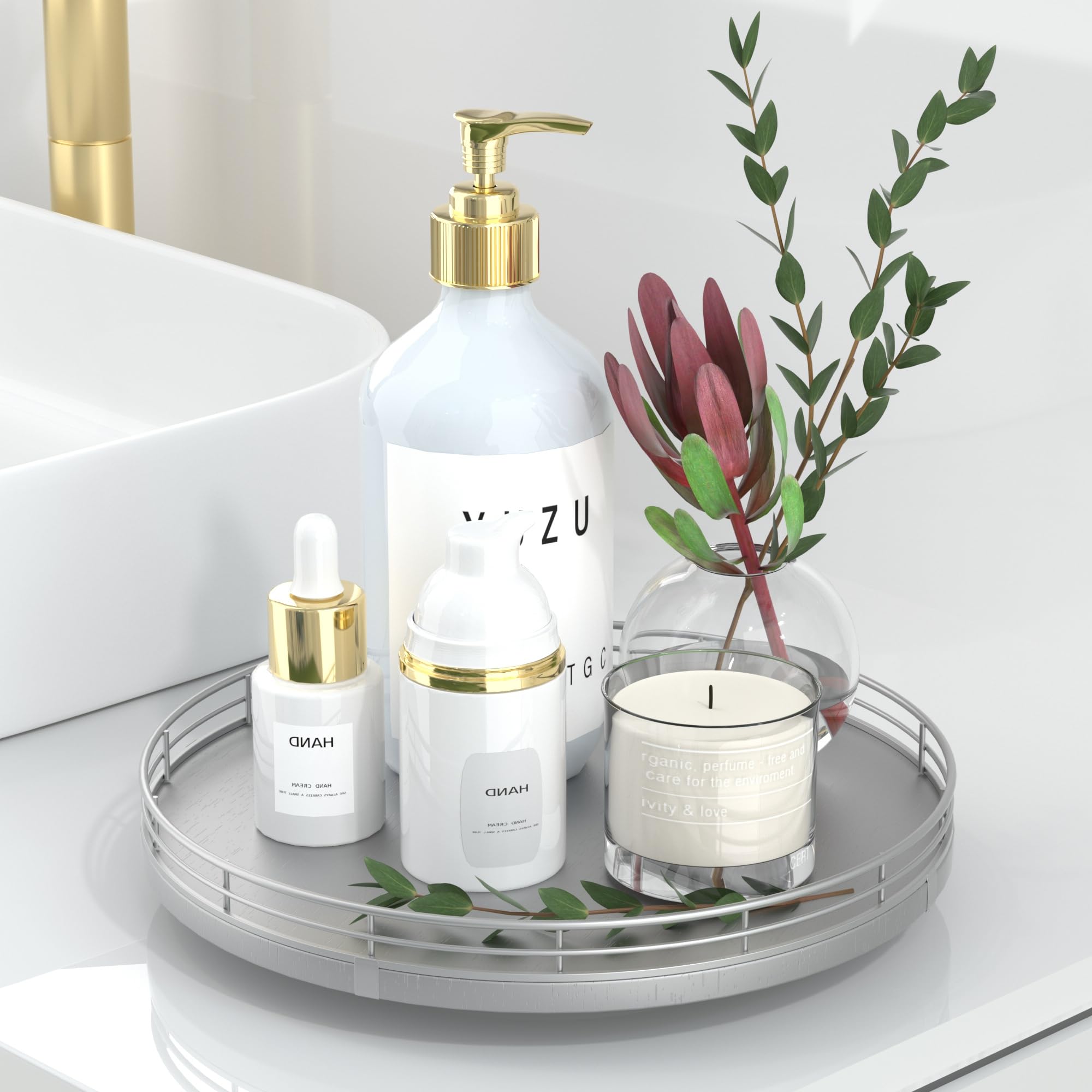 Photo 1 of 10" Silver Lazy Susan for Table Top, Oak Wood Lazy Susan Turntable Organizer for Dining Coffee Table Centerpiece Bar Decor Kitchen Countertop Bathroom Vanity Decorative Tray for Perfume Jewelry Round