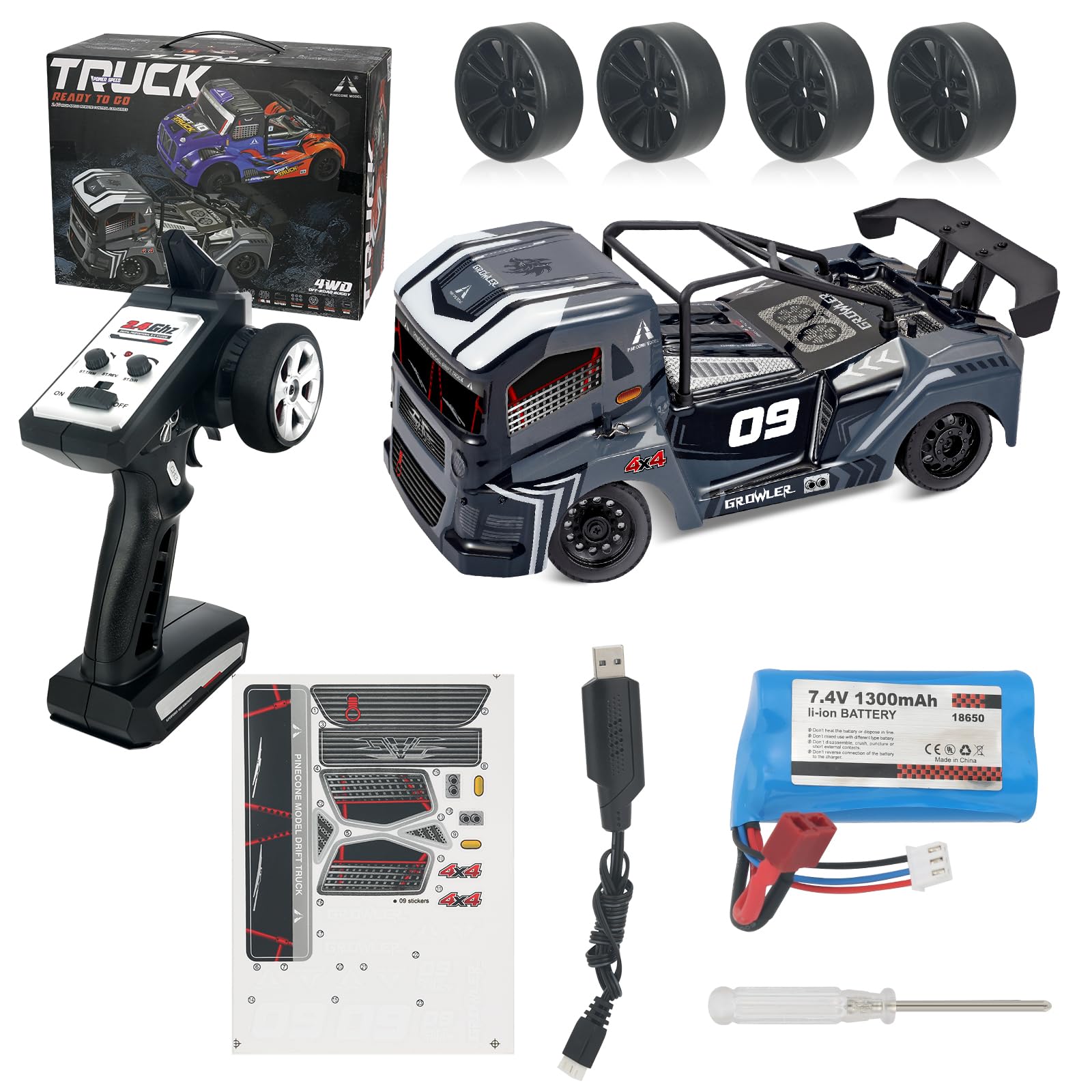 Bonikita RC Drift Car, 1:16 Remote Control Drift Car with LED Light and Extra Tires, 4WD High Speed Drift RC Cars 35KM/H Hobby RC Drifting Cars Gifts Toy for Kids