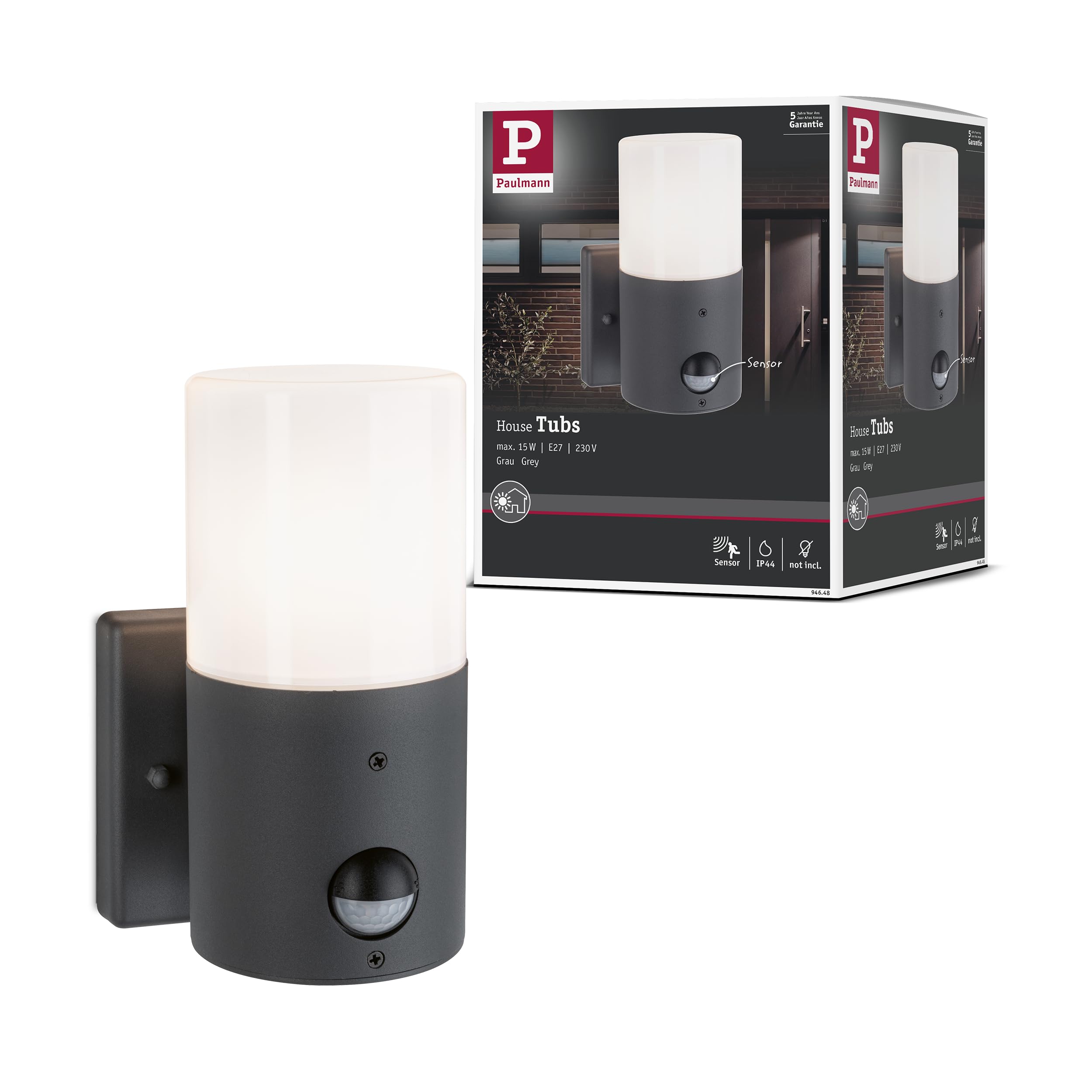 Paulmann 94648 Outdoor Wall Light Tubs with Motion Sensor IP44 Round Max. 15 W Grey Matt Outdoor Lights Metal Plastic Garden Light E27
