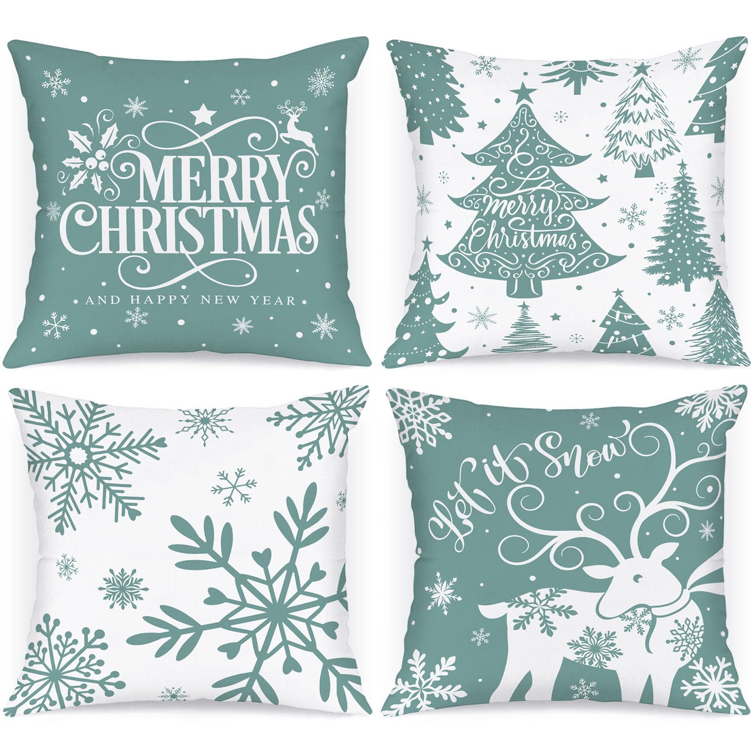 Lanpn White and Green 45x45 Christmas Pillow Covers Set of 4, Decorative 45 cm Winter Snowflake Throw Pillow Case Xmas Cushion Cover for Indoor House Sofa Light Green