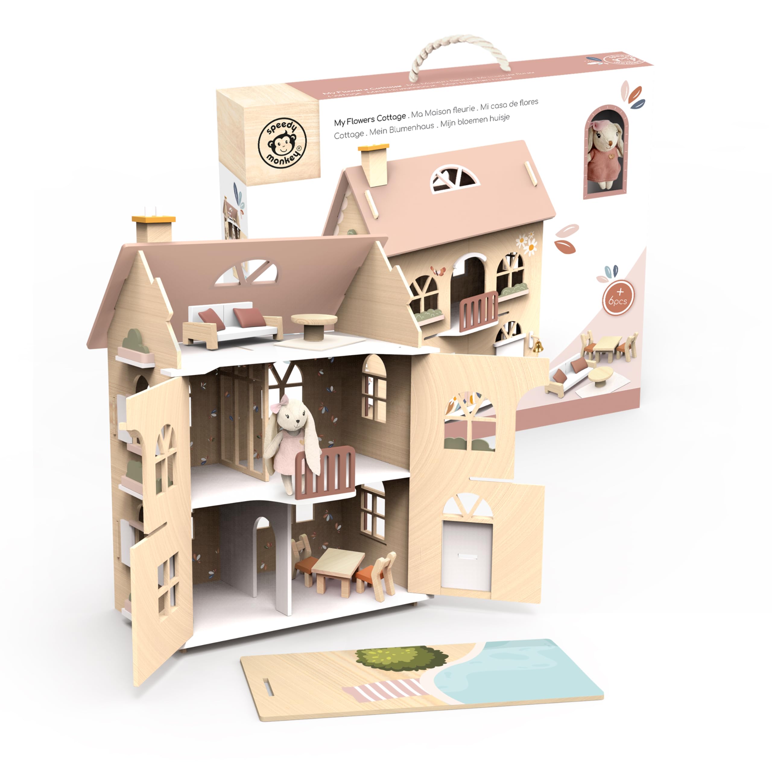 SPEEDY MONKEY Flowers Cottage Wooden Playset with Starter Set | Pretend Play Doll House for Toddlers & Preschoolers | Fun Playhouse for Boys & Girls, Ideal for Imaginative Storytelling