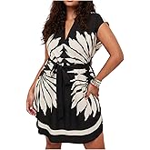 WDIRARA Women's Plus Size Tropical Print Dress Notch Neck Cap Sleeve Boho Dresses with Belt