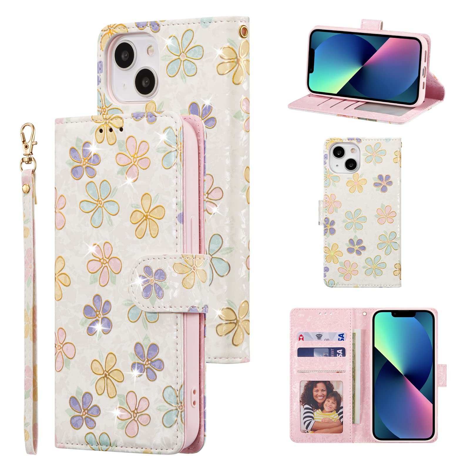 UEEBAI Wallet Case for iPhone 13 6.1 inch, PU Leather Phone Case Kickstand RFID Blocking Flip Case with Card Slots Wrist Strap Relief Engraved Pattern Magnetic Closure Folio Case - White Daisy