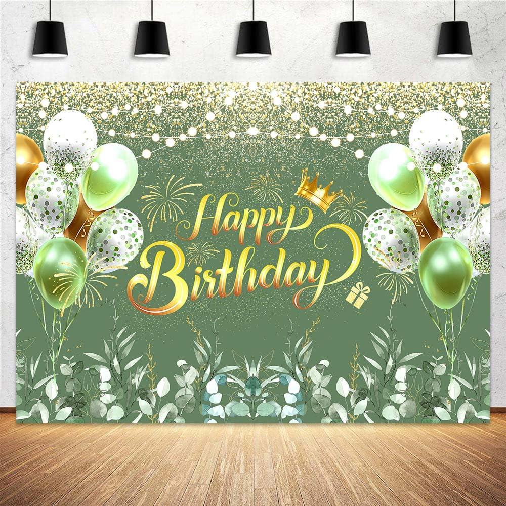 Photo 1 of 10x8ft Greenery Sage Green Happy Birthday Backdrop Decorations Eucalyptus Leavesfor Women Birthday Banner Green Glitter Ballon Background Birthday Party Decoration Cake Table Banner Supplies