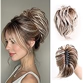 XIXISNOW Ponytail Extension Synthetic Blonde Messy Bun Hair Piece 7.8 Inch | Faux Pony Tail Clip Claw Clip Hair Extensions for Women Thin Wavy Short Ponytail Extension Daily Use (Blonde With Brown,3OZ)