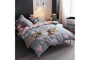 Koudi Kids Girls Duvet Cover Set Full Pink/Grey Reversible Soft Microfiber Bedding Set Sweet Heart and Pink White Plaid Bedro