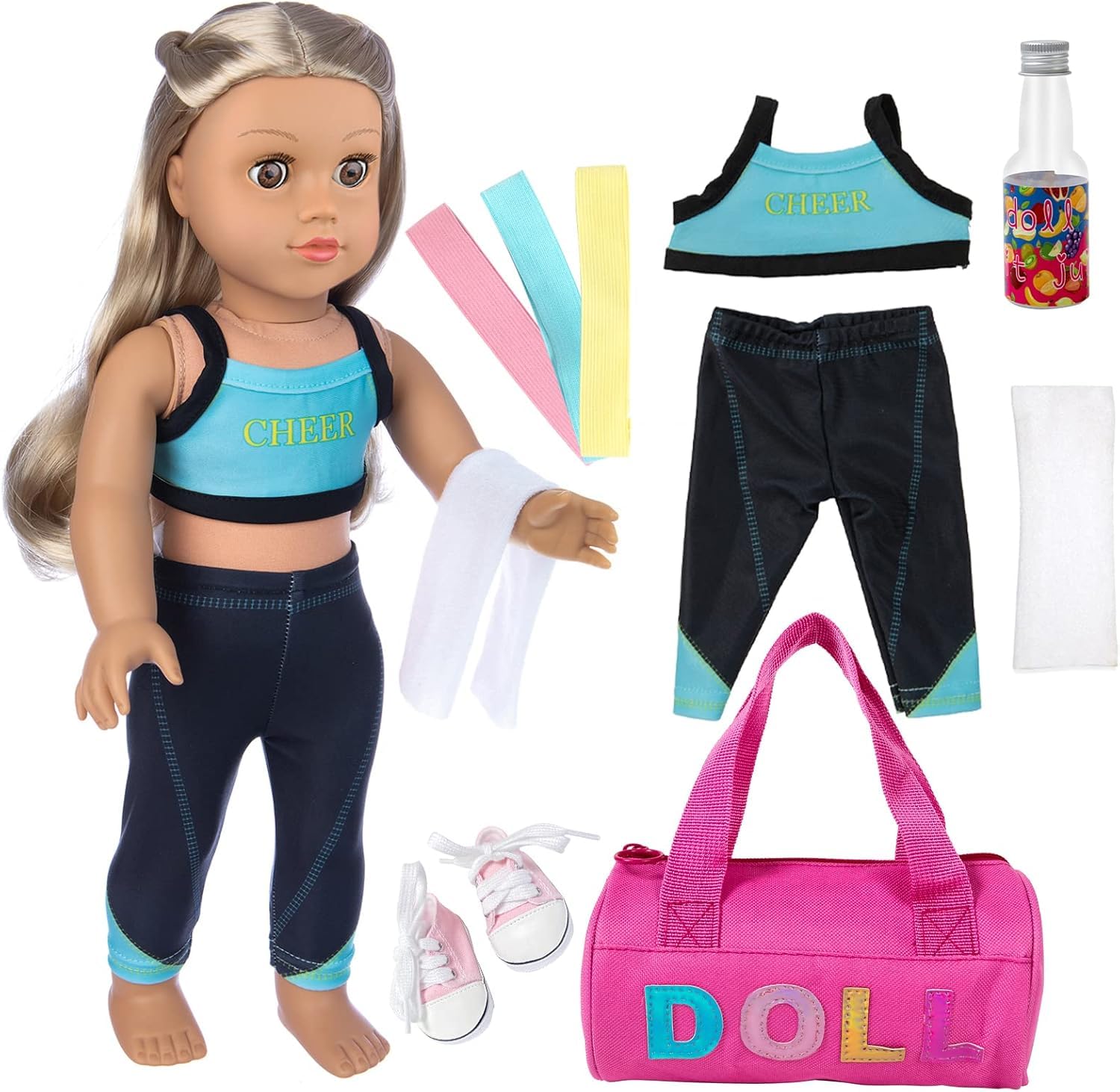 ZITA ELEMENT 18 Inch Girl Doll Yoga Clothes and Accessories for 18 Inch Dolls Sport Set with Shoes Portable Sports Bag Yoga Bands Towel and Drink Bottle(Doll Is Not Included)