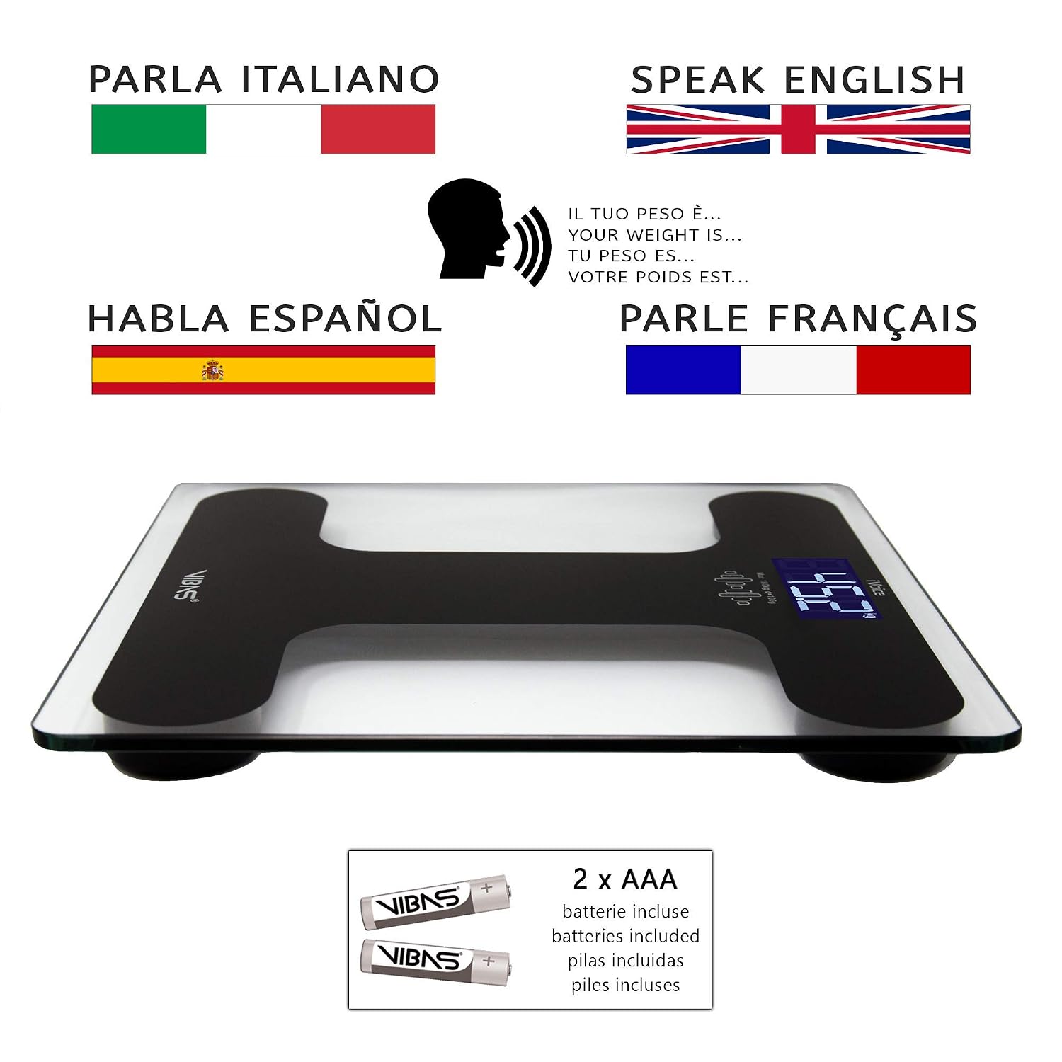Talking Scale in English and Multilanguage VIBAS iVoice, Batteries Included, Clear Voice, Capacity 180 kg, Auto Power Off, 6mm Tempered Glass, 2 year warranty. (Black) - Image 3