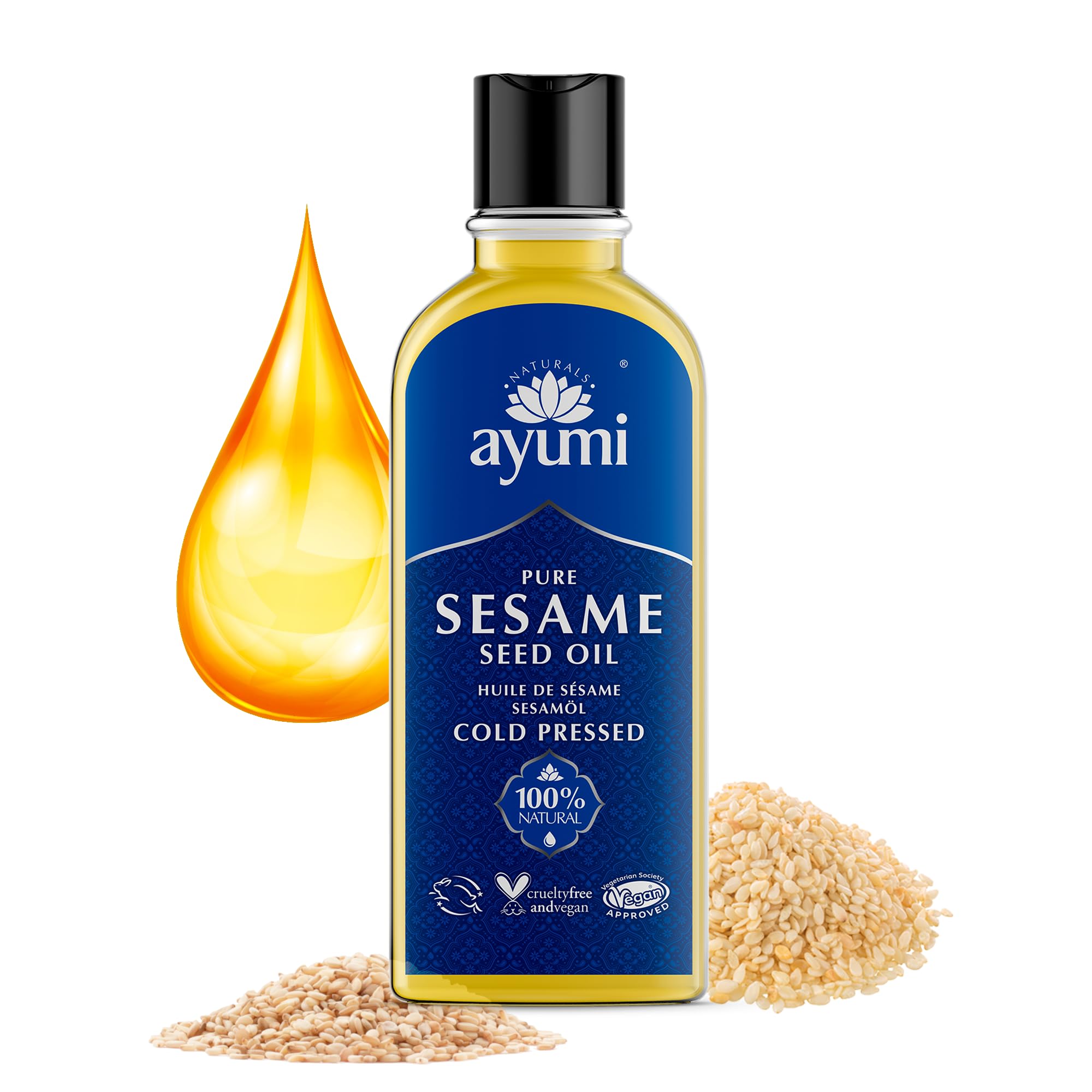 Ayumi Pure Sesame Oil with Omega 3 & 6 | Hair Oil for Dry Damaged Hair Care | Dry Skin Body Oil with Vitamin E | Cold Pressed Face Oil to Combat Acne | Hair Loss Treatment for Women & Men | 150ml