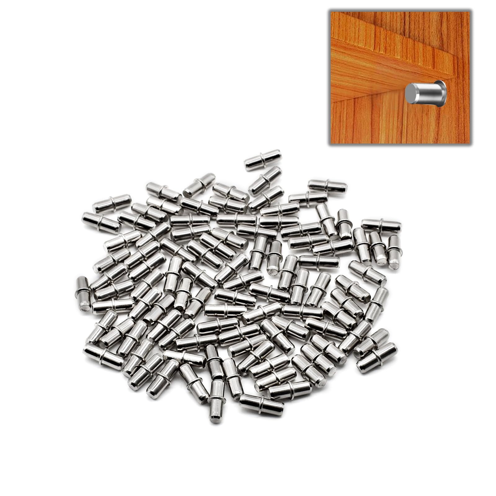 YMWALK 5mm Shelf Supports, Metal Cabinet Wardrobe Shelf Support Pegs, Durable Nickel Shelf Supports for Kitchen Bookshelves, Furniture Shelf Supports, Replacement Bracket Fixings (100, Silvery)