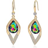 Austrian Crystal Teardrop Hollow Leaf Drop Dangle Earrings for Women 14K Rose Gold Plated Hypoallergenic Jewelry