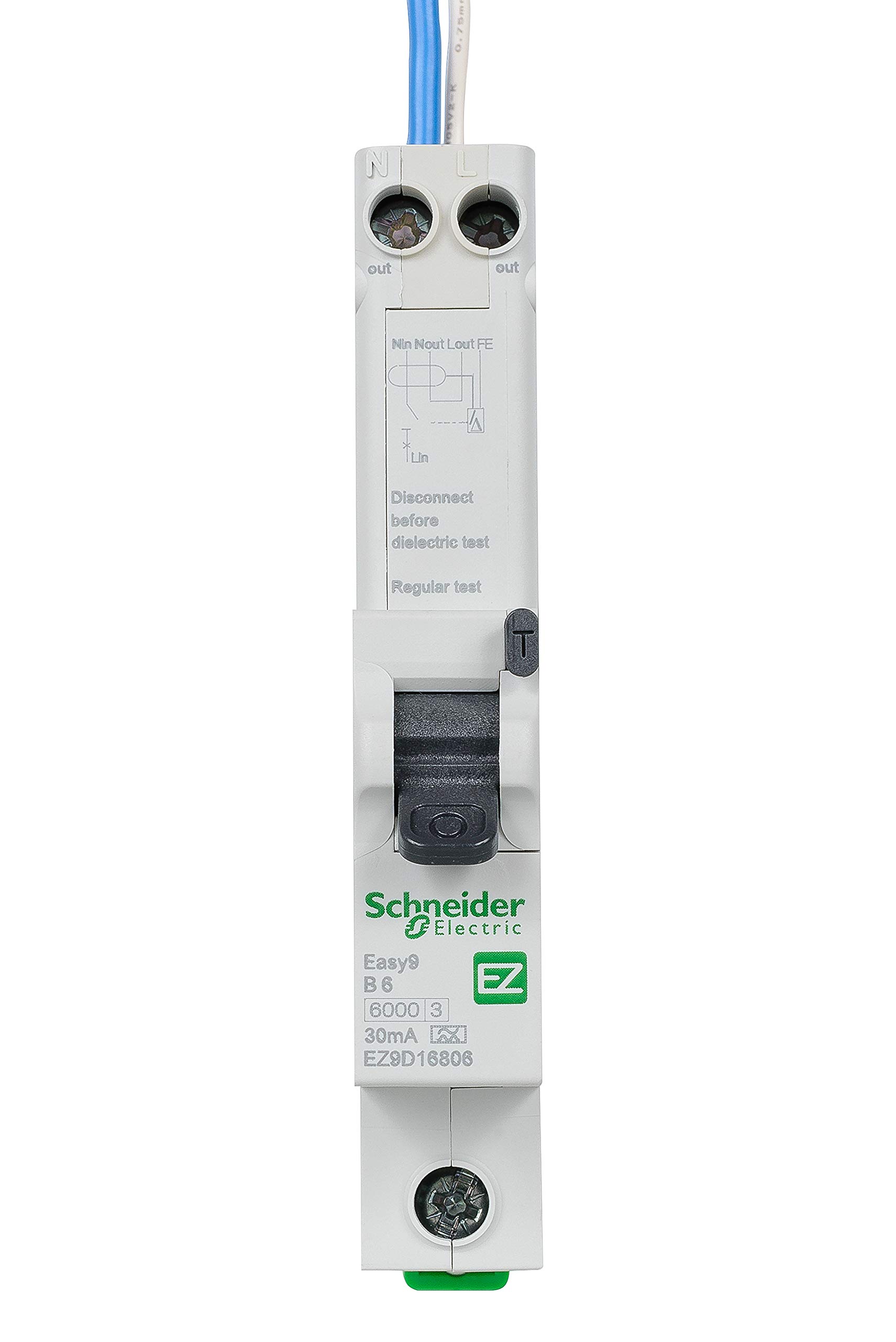 Schneider Electric - Easy9, RCBO Residual Circuit Breaker with Overcurrent Protection, 1 Pole, 6A, 30mA, Type A, B Curve, EZ9D16806