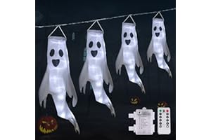 BRIGHTDECK Halloween 4 Ghost Windsocks with Remote Control LED String Lights, Outdoor Halloween Hanging Decorations Battery Powered (Cold White)