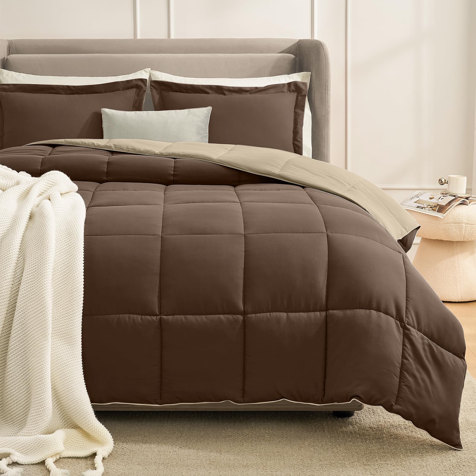 Photo 1 of Homelike Moment Queen Comforter Set Brown, Comforters Queen Size Set Lightweight Reversible Down Alternative Bed Comforter Full Size Soft, All Season 3 Pieces Sets Brown/Beige