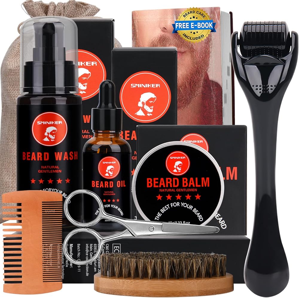 Sminiker Beard Grooming Kit with Oil Balm Wash Brush Comb Scissors