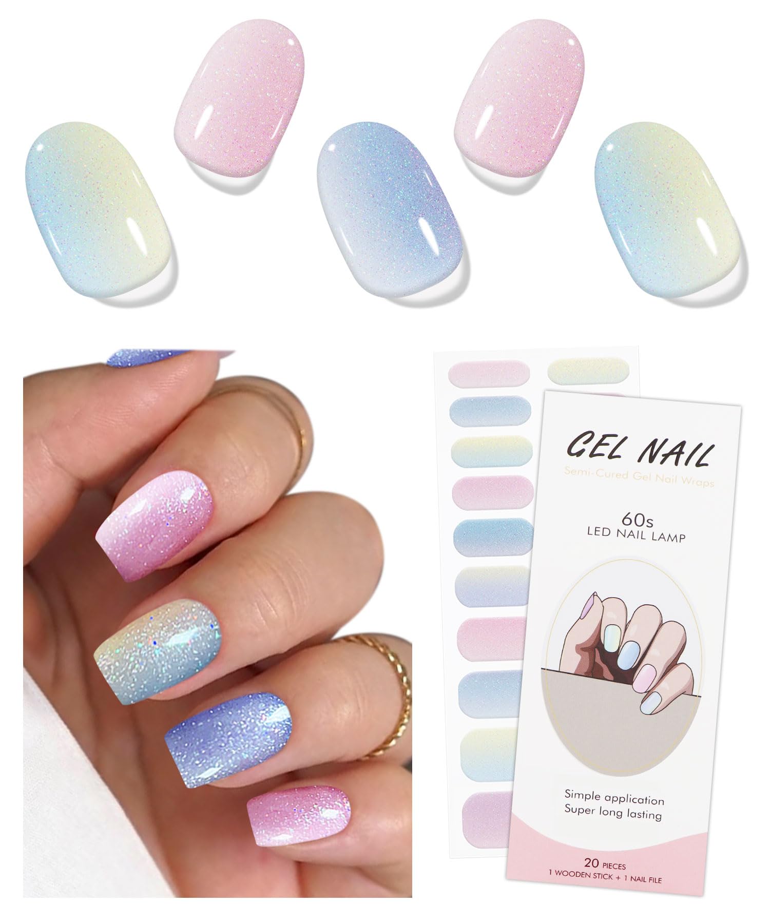 JMEOWIO Gel Nail Stickers Colorful Glitter Semi Cured Gel Nail Strips Wraps UV/LED Nails Art Design Decoration Accessories