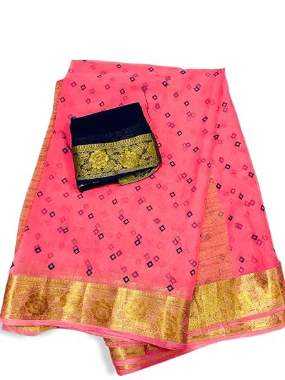 Jaipuri Rajasthani Womens Najbeen Chiffon Gulti Bhendaj Saree With Contrast Zari Blouse