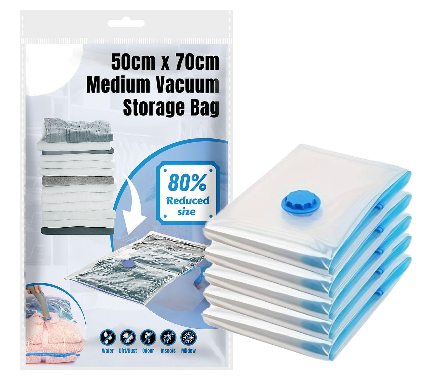 iPEAK Vacuum Storage Bags Medium 50x70cm Airtight Valve and Waterproof Space Saving Compression Pouches For Store Clothing, Bedding, Pillows, Duvets, Curtains, Blankets, Coats (3-Pack)