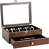 Yoimori Silverware Box, 2-Layer Wooden Silverware Storage Box with Glass Lid, 14.5×10.6 Inches Luxury Style Decor Flatware Storage Case for Fine Flatware & Utensils, Gift Idea (Walnut)