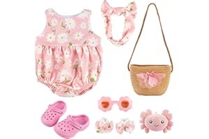 BABESIDE 16-20 Inch Reborn Baby Doll Clothes Set with 16 Inch Doll Shoes for Reborn Dolls, Summer Floral Babydoll Clothes with Bag Headband for Realistic Baby Dolls Accessories, Pink