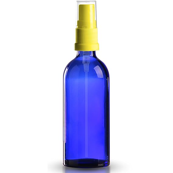 50 x Blauglasflasche 100ml royalblau / Sprühflasche inkl. Pumpzerstäuber / Sprühkopf gelb DIN 18 mit transparenter Schutzkapp