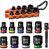 Klein Tools 33809 Grab-And-Go Impact Socket Set, SAE, 10-Piece Set with Sleeve, Carabiner, and 3/8-Inch Drive, Color-Coded 1/4, 5/16, 3/8, 7/16, 1/2, 9/16, 5/8, 11/16, and 3/4-Inch Sockets